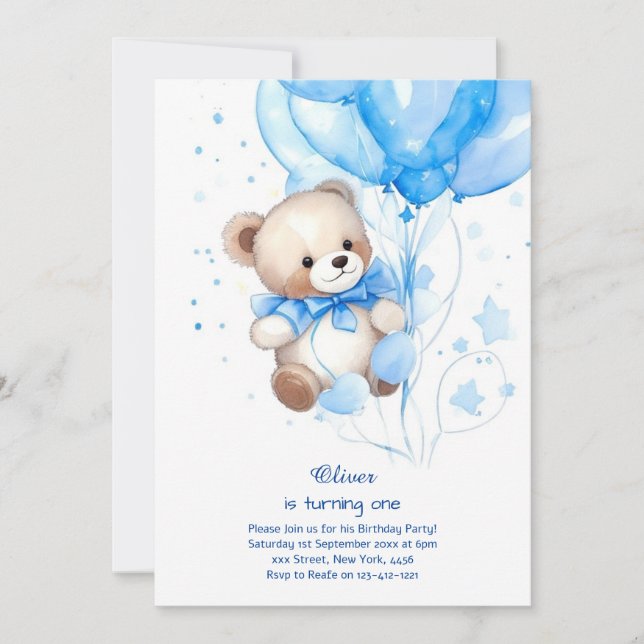 Teddy Bear Boy Einladung zum ersten Geburtstag (Vorderseite)