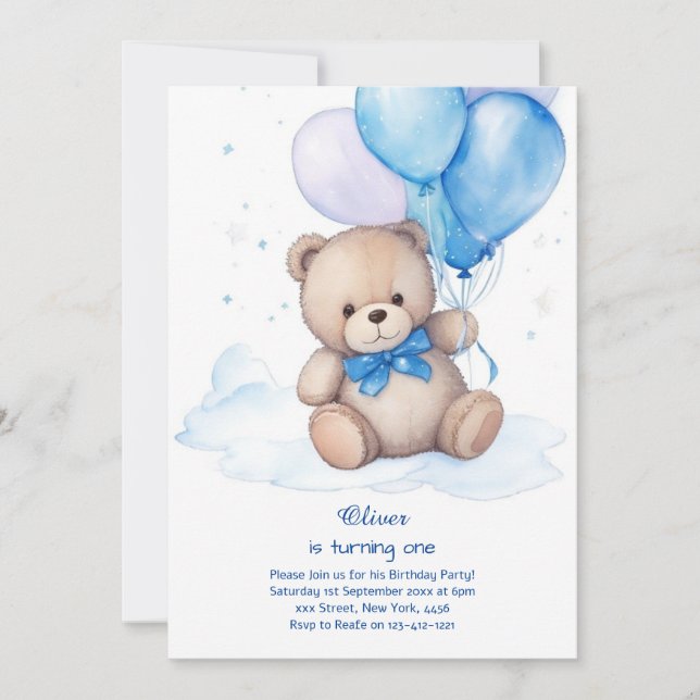 Teddy Bear Boy Einladung zum ersten Geburtstag (Vorderseite)
