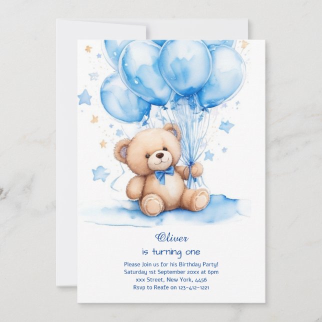 Teddy Bear Boy Einladung zum ersten Geburtstag (Vorderseite)