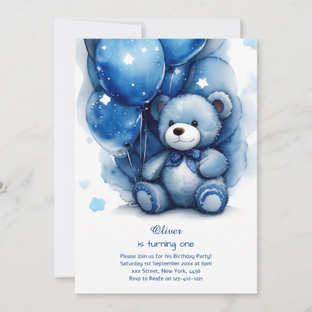 Teddy Bear Boy Einladung zum ersten Geburtstag (Vorderseite)