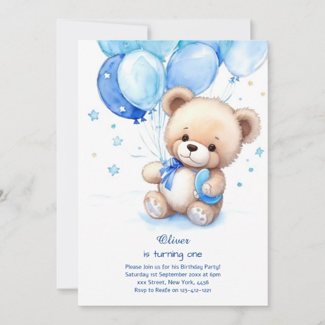 Teddy Bear Boy Einladung zum ersten Geburtstag (Vorderseite)