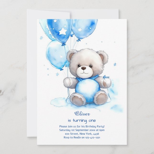 Teddy Bear Boy Einladung zum ersten Geburtstag (Vorderseite)