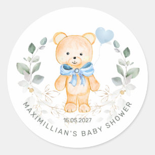 Teddy Bear Boy Greenerage Foliage Baby Shower Runder Aufkleber