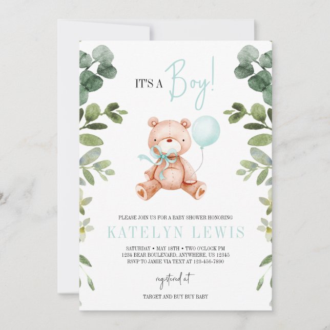 Teddy Bear Boy Greenery Baby Shower Einladung (Vorderseite)