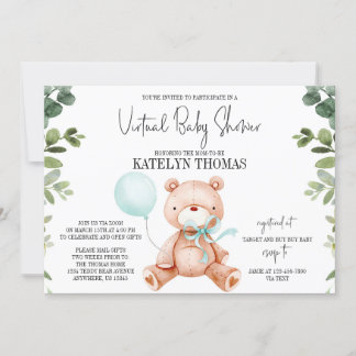 Teddy Bear Boy Greenery Virtual Baby Shower Einladung