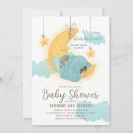 Teddy Bear Boy Moon Stars Blue Baby Dusche Einladung