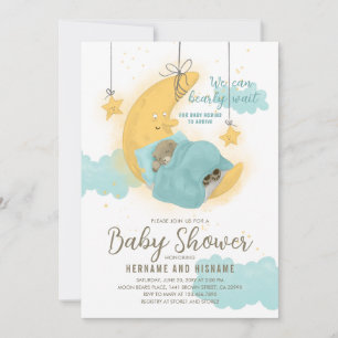 Teddy Bear Boy Moon Stars Blue Baby Dusche Einladung