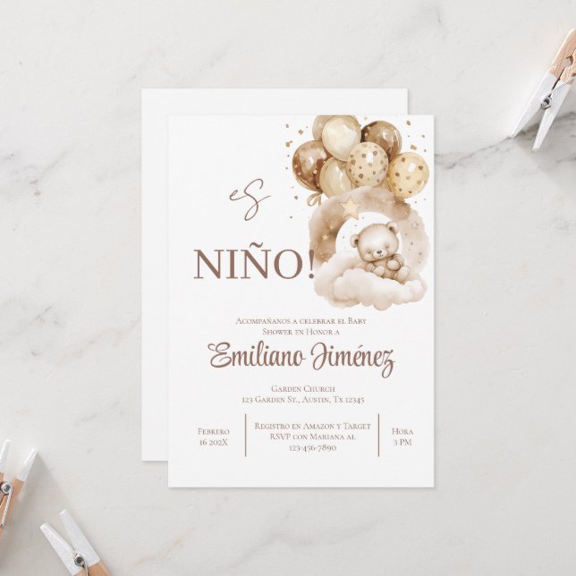 Teddy Bear Boy Spanische Einladung (Vorderseite/Rückseite Beispiel)