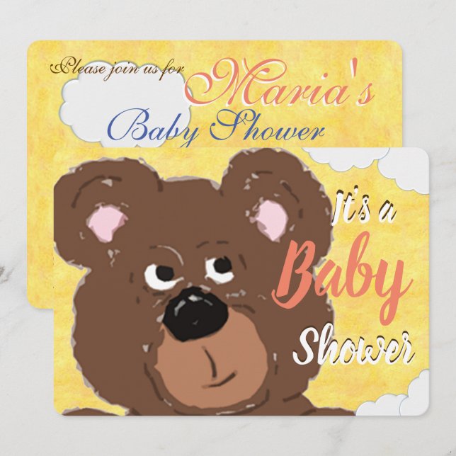 Teddy Bear Bright Yellow Baby Dusche Einladung (Vorne/Hinten)