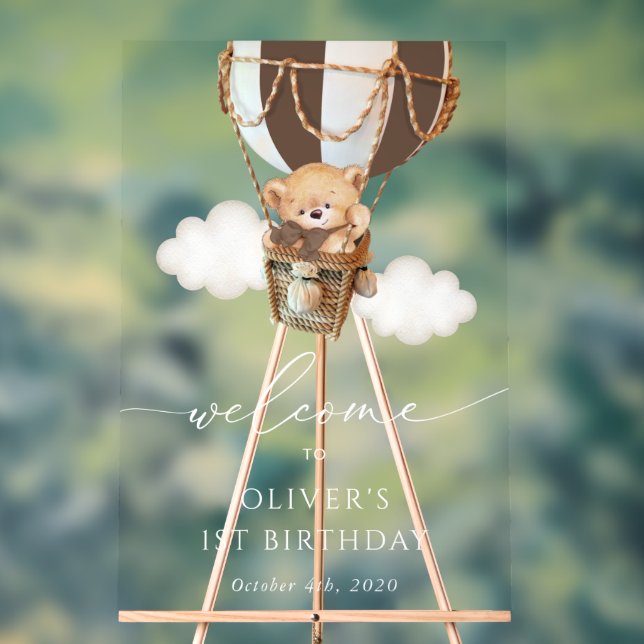 Teddy Bear, Brown Balloon, Erster Geburtstag Willk Acrylschild (Neutral)