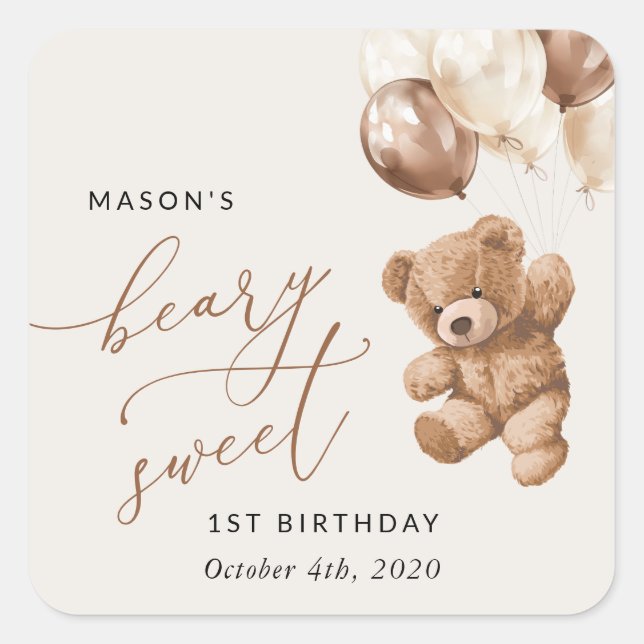 Teddy Bear, Brown Balloons, erster Geburtstag Quadratischer Aufkleber (Vorderseite)