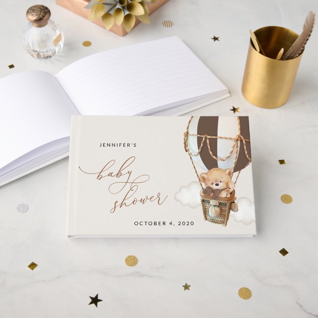 Teddy Bear, Brown Hot Air Ballon, Babydusche Gästebuch (Vorderseite Offen)