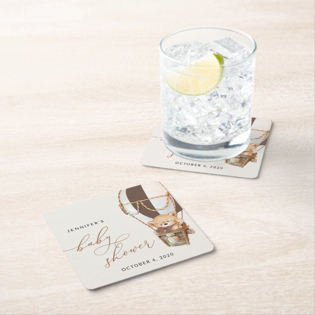 Teddy Bear, Brown Hot Air Ballon, Babydusche Rechteckiger Pappuntersetzer (Vor Ort)