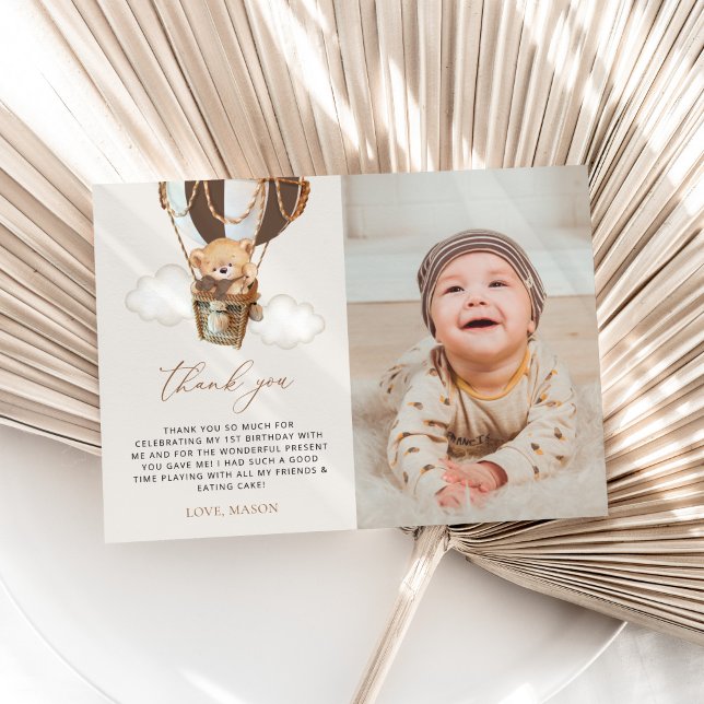 Teddy Bear, Brown Hot Air Ballon, erster Geburtsta Dankeskarte (Von Creator hochgeladen)