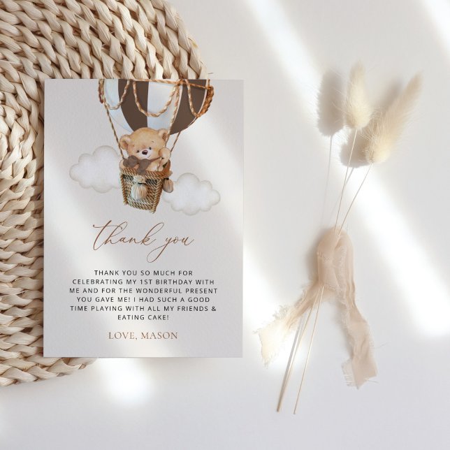 Teddy Bear, Brown Hot Air Ballon, erster Geburtsta Dankeskarte (Von Creator hochgeladen)