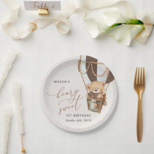 Teddy Bear, Brown Hot Air Ballon, erster Geburtsta Pappteller