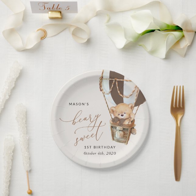 Teddy Bear, Brown Hot Air Ballon, erster Geburtsta Pappteller (Hochzeit)