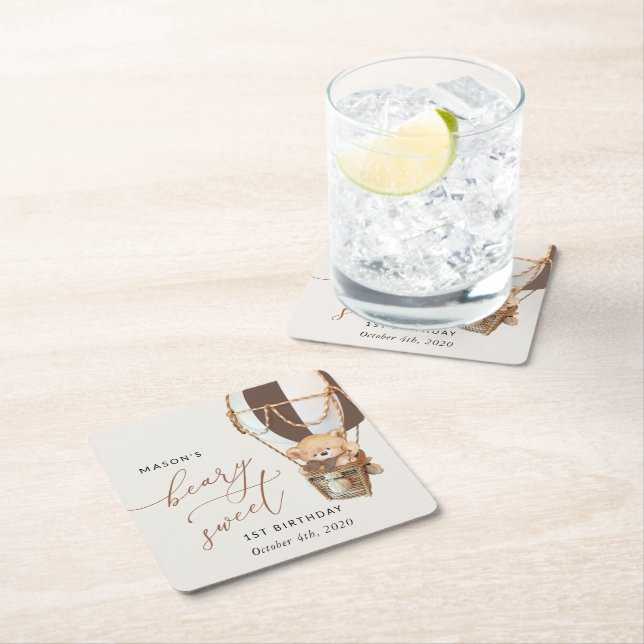 Teddy Bear, Brown Hot Air Ballon, erster Geburtsta Rechteckiger Pappuntersetzer (Vor Ort)