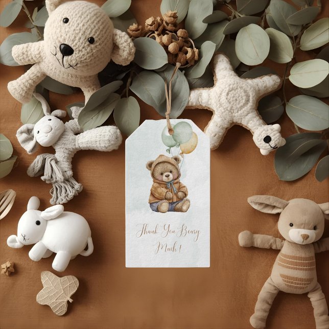 Teddy Bear Brown Sage Green Balloons Baby Geschenkanhänger (Von Creator hochgeladen)