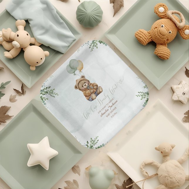 Teddy Bear Brown Sage Green Balloons Baby Pappteller (Von Creator hochgeladen)