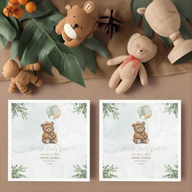 Teddy Bear Brown Sage Green Balloons Baby Serviette (Von Creator hochgeladen)