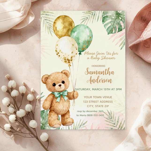 Teddy Bear Brown Sage Green Balloons Baby Shower Folieneinladung (Von Creator hochgeladen)