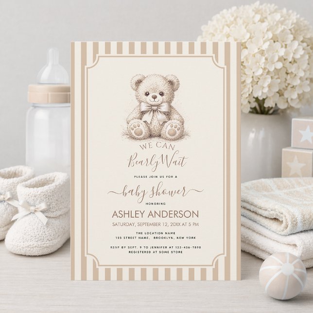 Teddy Bear & Brown Stripes Baby Shower Bearly Wait Einladung (Von Creator hochgeladen)