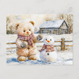 Teddy Bear Building a Snowman Postkarte