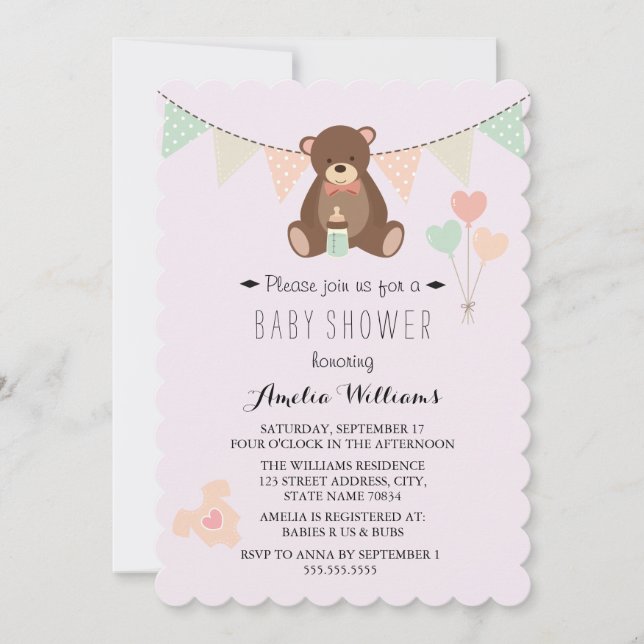 Teddy Bear Bunting Girl Baby Showroom Einladung (Vorderseite)