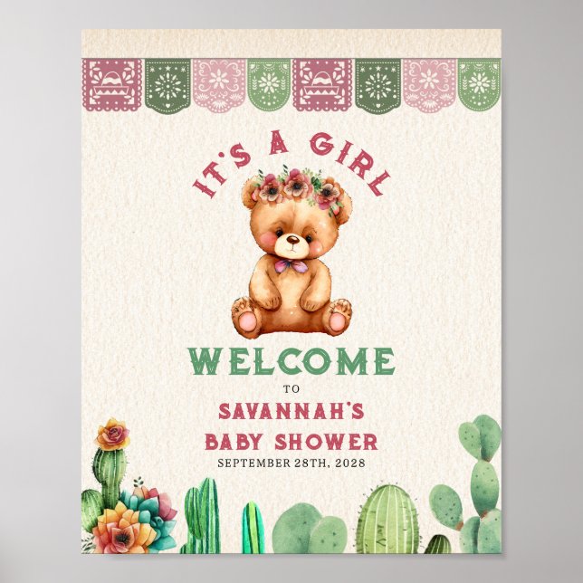 Teddy Bear Cactus Girl Baby Shower Fiesta Poster (Vorne)