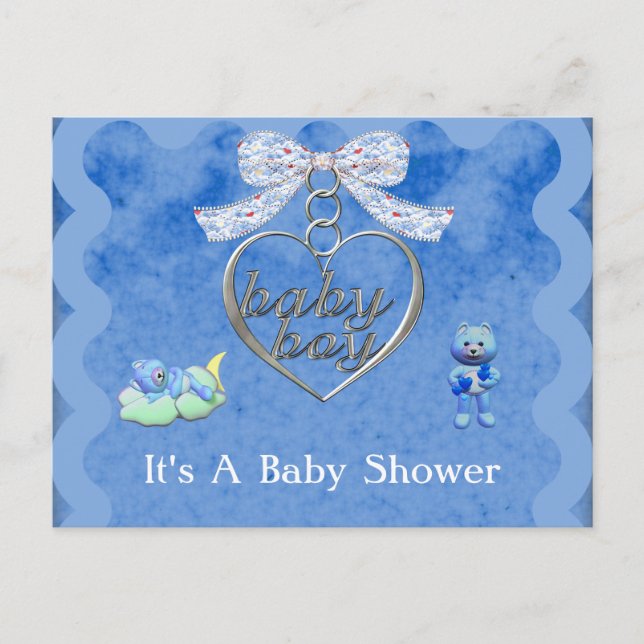 Teddy Bear Charm Boy Blue Baby Dusche Einladungspostkarte (Vorderseite)