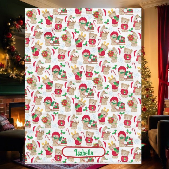 Teddy Bear Christmas Add Name Baby Fleecedecke (Von Creator hochgeladen)