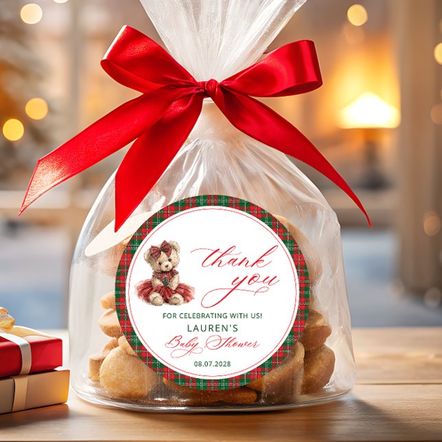 Teddy Bear Christmas Girl Babydusche Danke Runder Aufkleber (Von Creator hochgeladen)
