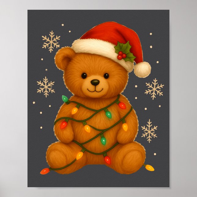 Teddy Bear Christmas Tree Lights Santa Hat For Bea Poster (Vorne)
