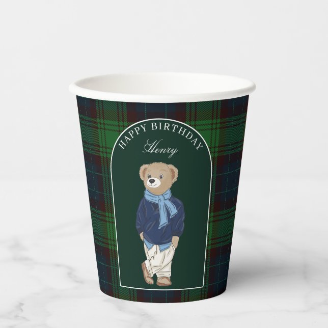 Teddy bear classic plaid birthday party custom pappbecher (Vorderseite)