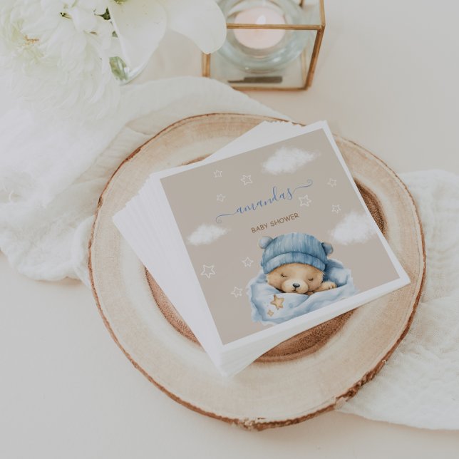 Teddy Bear & Clouds Light Brown Blue Baby Dusche Serviette (Von Creator hochgeladen)