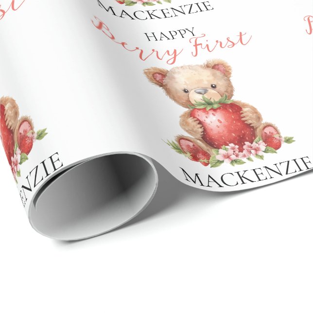 Teddy Bear Custom Name Berry First Birthday Geschenkpapier (Rolleneckpunkt)