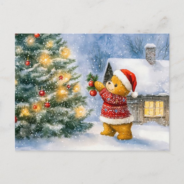 Teddy Bear Decorating a Christmas Tree in snowing  Postkarte (Vorderseite)