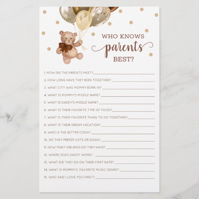 Teddy Bear, der die Eltern kennt Beste Babydusche (Vorderseite)