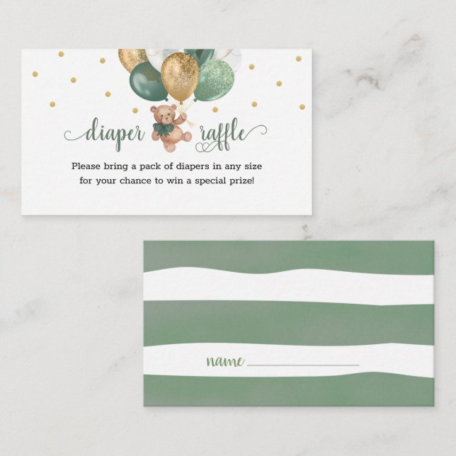 Teddy Bear Diaper Raffle Sage Green Baby Dusche Begleitkarte (Vorne/Hinten)