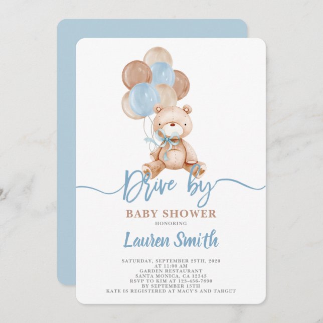 Teddy Bear Drive by Baby Shower Boy Einladung (Vorne/Hinten)