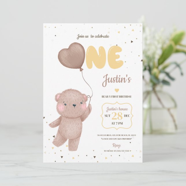 Teddy Bear Einladung zum ersten Geburtstag (Stehend Vorderseite)