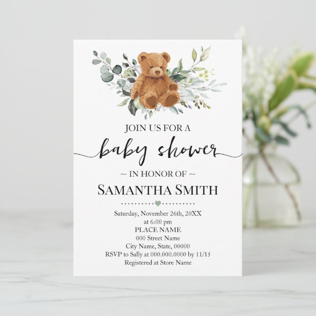 Teddy Bear Eucalyptus Greenery Baby Shower Einladung (Stehend Vorderseite)