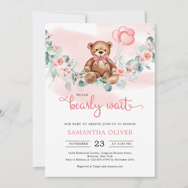 Teddy Bear Eucalyptus Wreath Girl Baby Showroom In Einladung (Vorderseite)