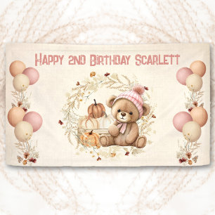 Teddy Bear Fall Girl Pink Beige Geburtstagsbanner Banner