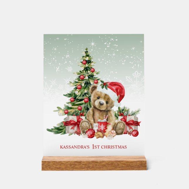 Teddy Bear farbenfrohe Bäume Baby 1. Weihnachten Acrylschild (Vorderseite)