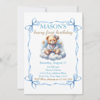 Teddy Bear farbenfroher Ballon Beary First Birthda Einladung