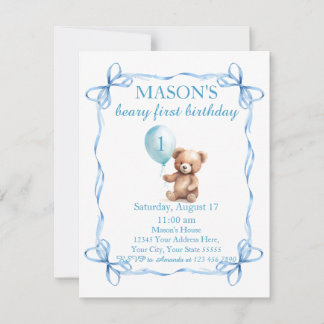 Teddy Bear farbenfroher Ballon Beary First Birthda Einladung