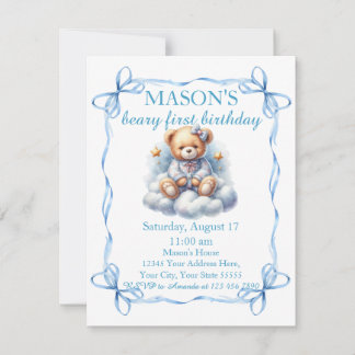 Teddy Bear farbenfroher Ballon Beary First Birthda Einladung