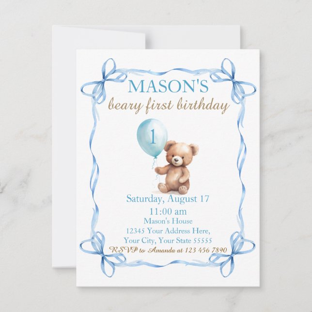 Teddy Bear farbenfroher Ballon Beary First Birthda Einladung (Vorderseite)